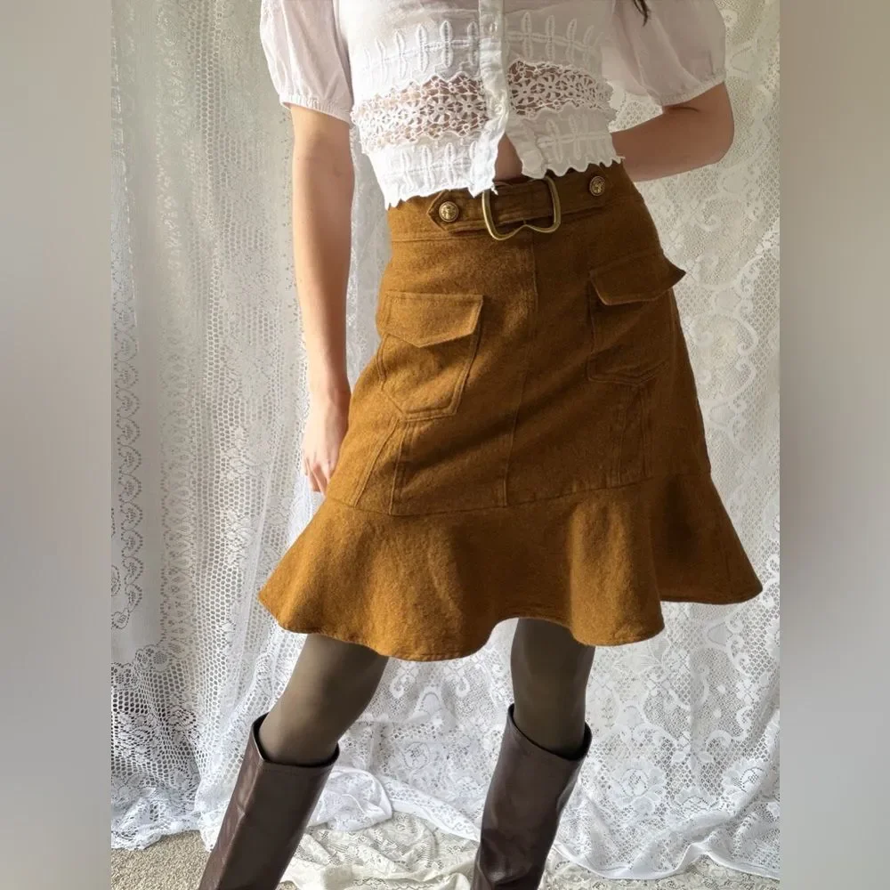 Vintage Inspired Mustard Wool Cargo Mini Skirt Buckle Flounce Hem